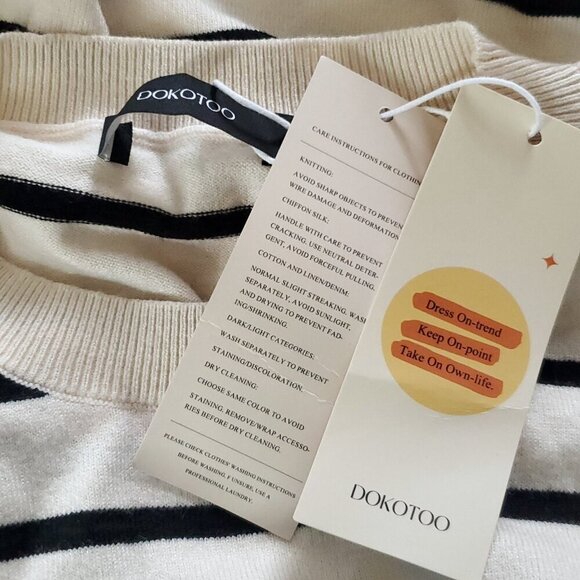 Dokotoo Striped Sweater Sz L Cream Ivory Black Short Puff Sleeve Preppy - Picture 4 of 5